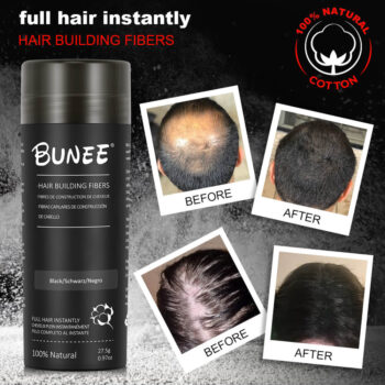 Bunee Hårfiber ger ditt hår omedelbar fyllighet och döljer tunnhårighet på sekunder. De naturliga keratinfibrerna av ull som fäster smidigt vid ditt eget hår för ett tjockare och mer voluminöst utseende. Enkel applicering och långvarigt resultat – för både män och kvinnor.