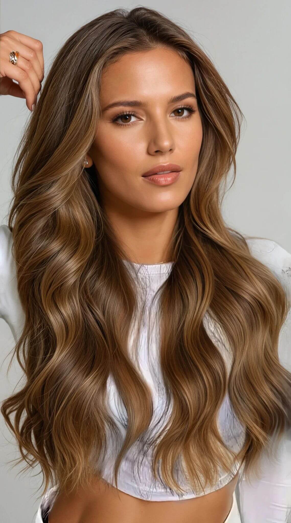 Hårförlängning på modell med brunt hår från losharet.se