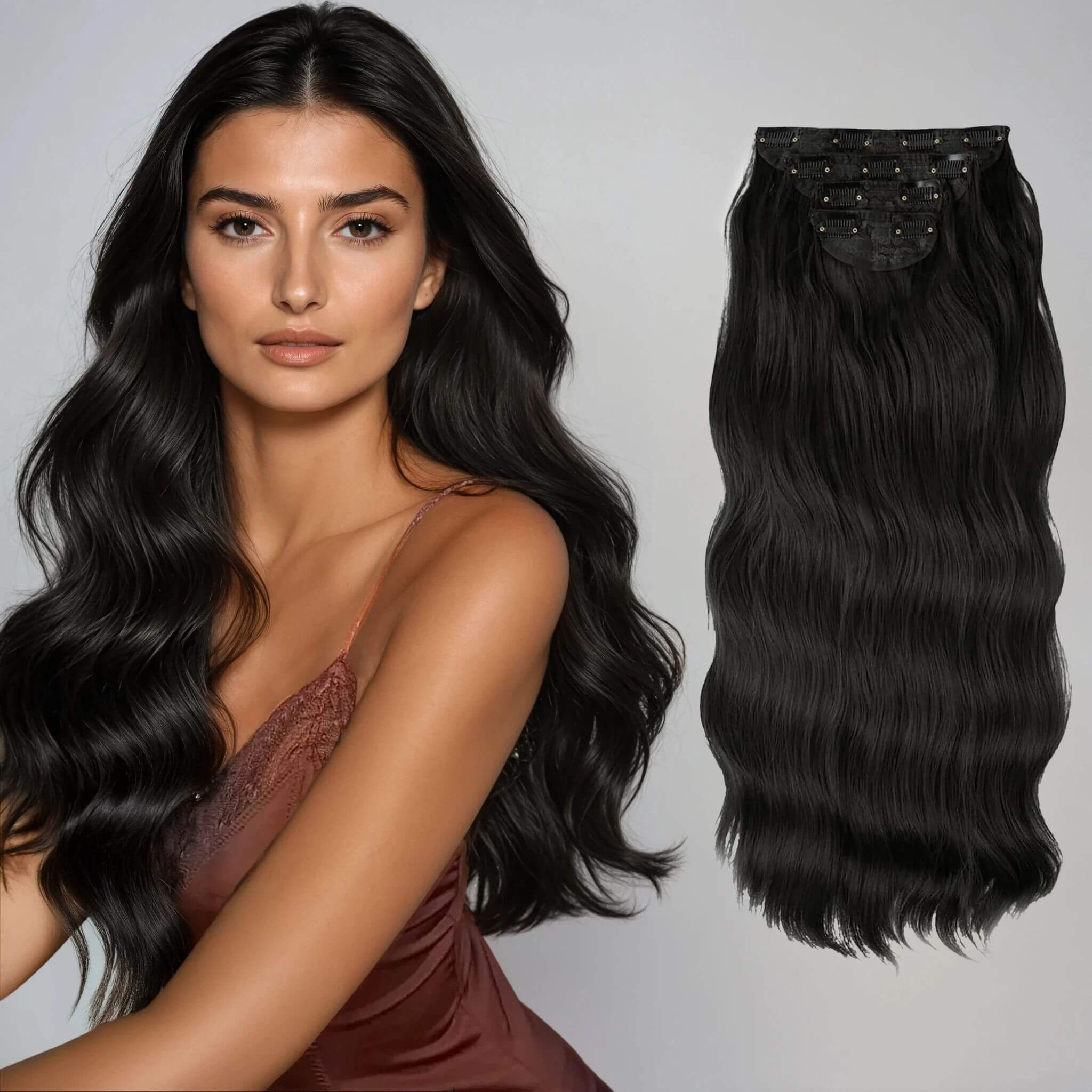 Löshår-clips on på kvinna och syntetiskt löshår