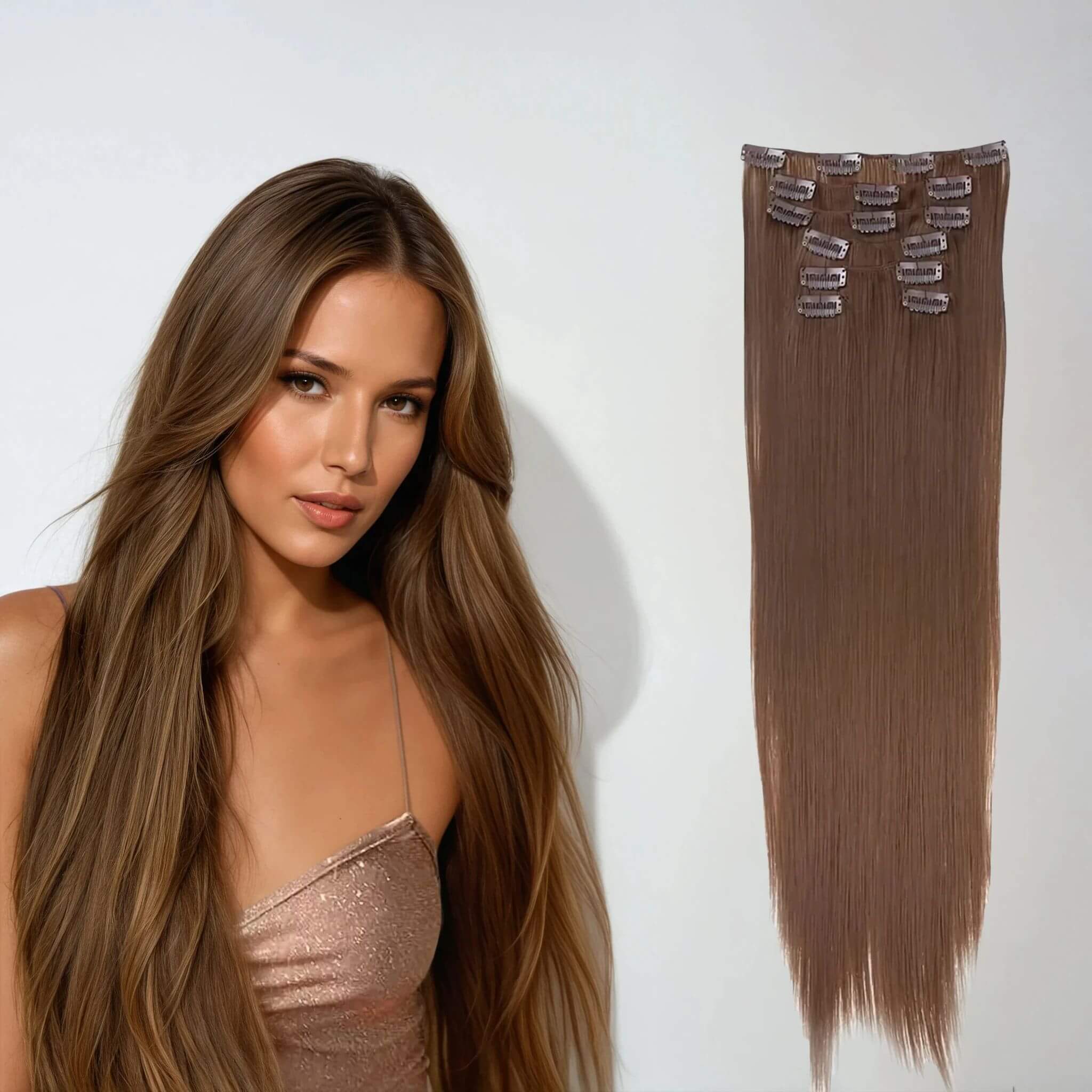 Löshår-clips on på kvinna och syntetiskt löshår