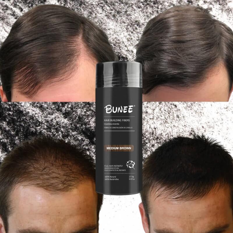 Före och efter hårfibrer från BUNEE. Före och efter hårfibrer förtjockning. Hårfibrer för omedelbar hårförtjockning.