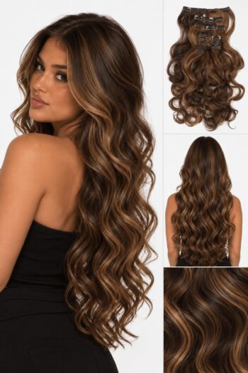 losharet morkbrun guldblond modell produktbild. Vågigt Clip-in Löshår – Mörkbrun/guldblond 8#, 7 delar, 16 clips, 50 cm